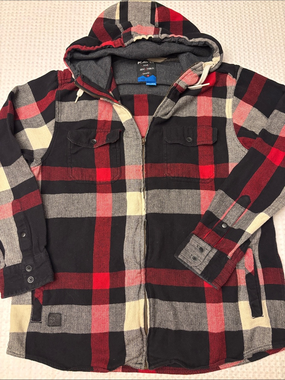 KAVU XL Hooded Plaid Flannel Full Zip Shirt Jacket Black Red Gray Herringbone